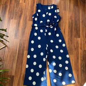 Karl Lagerfeld Navy Blue Polka Dot Vneck sleeveless wide leg Jumpsuit NWT Sz 14